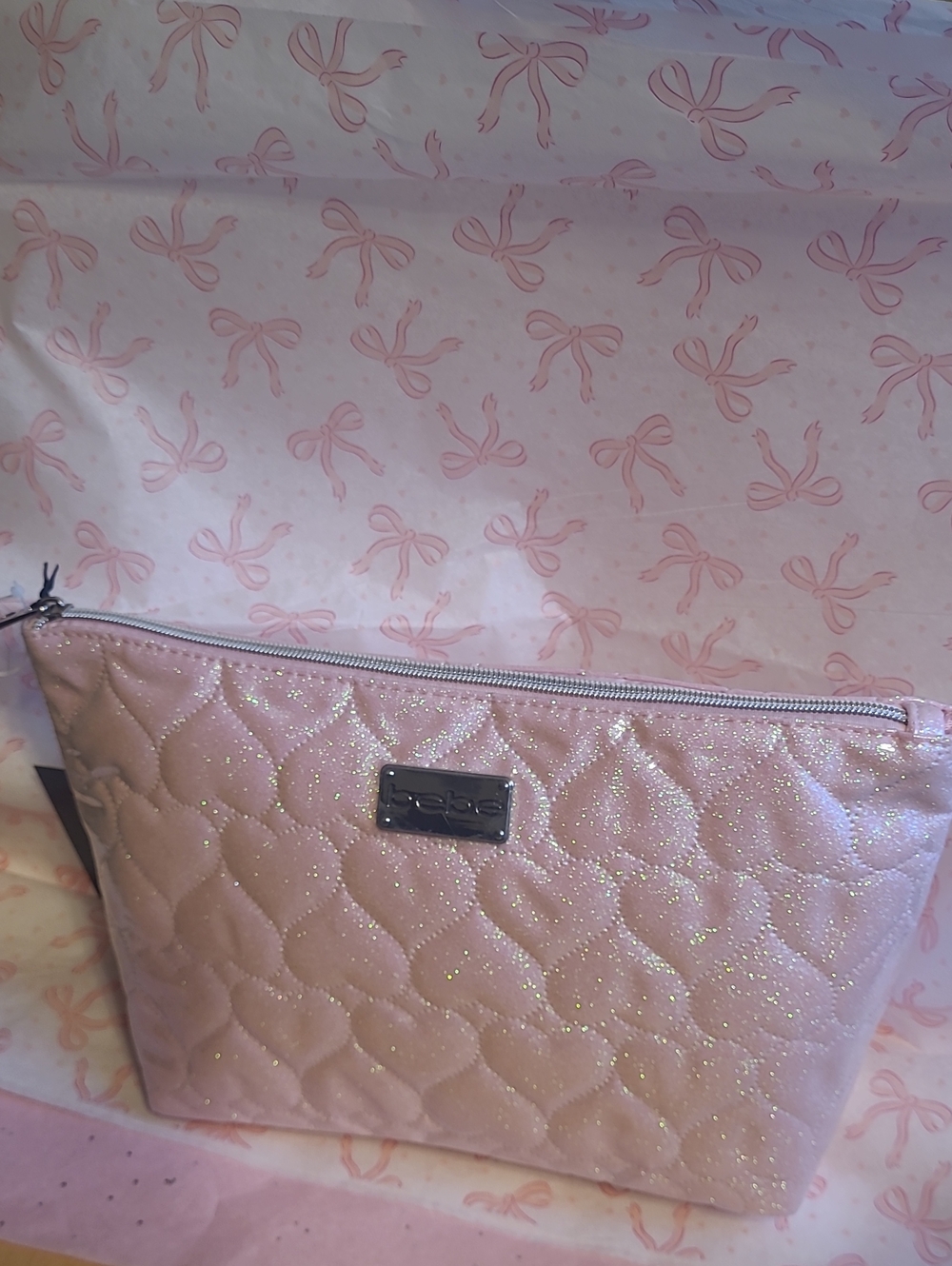 Bebe Quilted Glitter Pink Cosmetic Pouch comes With Two 1.6oz Toiletry Bottles